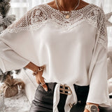 New Crochet Embroidery Lace Blouses Women Autumn Sexy Lace Stitching White Shirts Vintage Elegant Ladies Tops Blusas 12459