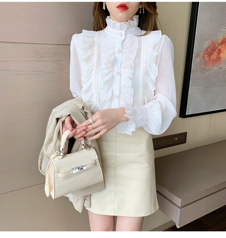 Woman Chic Long Sleeve Stand Collar Blouses Women Casual Loose White Tops Korean Lace Ruffles Elegant Chiffon Shirt Blusas