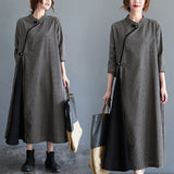 New Arrival Plaid Buckle Vintage Chinese Style Spring Dress cheongsam Cotton Linen Patchwork Women Casual Midi Autumn Dress