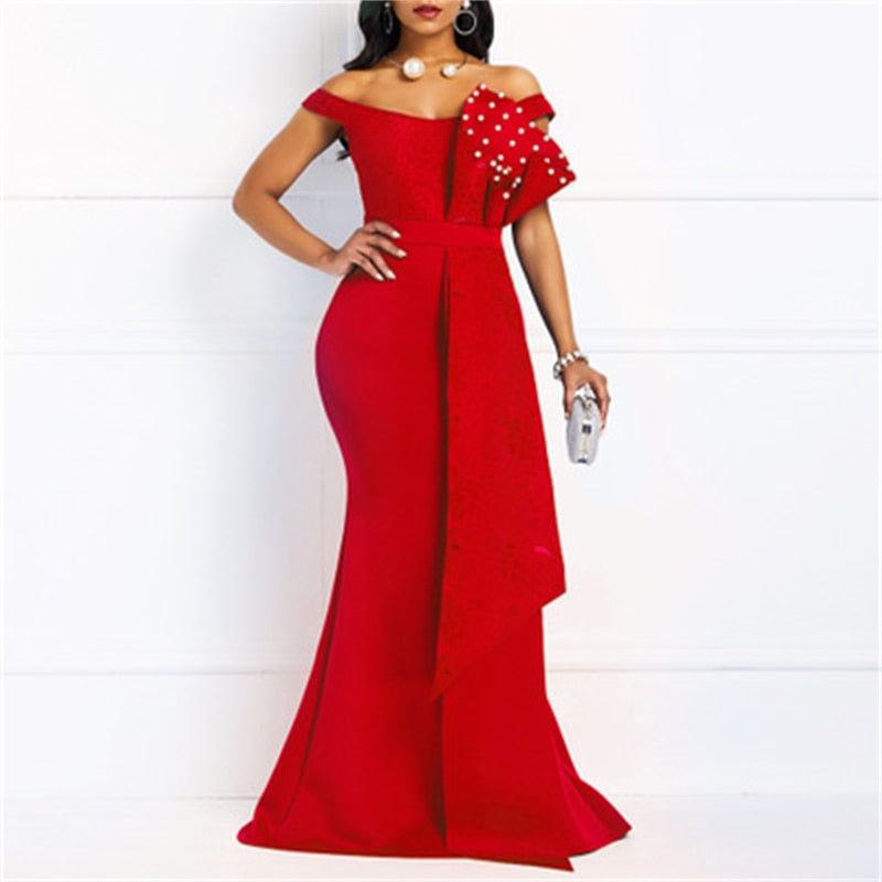 ElveswalleT High Quality Summer New Red Elegant Women Party Dresses Sexy Low Cut Mermaid Beaded Lace Embroidery Wedding Evening Floor-Length Dress