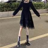 ElveswalleT New Gothic Women Black Fairy Party Dress Cross Square Collar Lolita Princess Irregular Dress Cute Kawaii Lace Ruffles Chic Dress