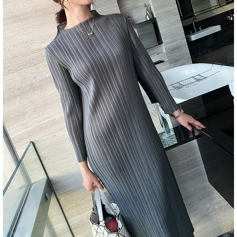 ElveswalleT   Trends Spring Winter Miyake Pleated Women Comfortable Dress Long Sleeve High Quality Korean Style Casual Aesthetic Clothes