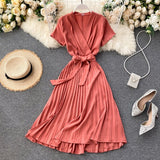 ElveswalleT Elegant Midi retro Dress Women's New Solid Color V-neck Lace-up Waist Slimming over-the-Knee Pleated Dress Office Lady