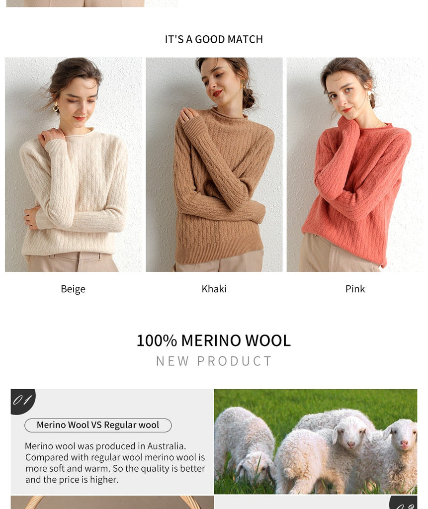 100% Merino Wool Cashmere Sweater Women Winter Warm O-Neck Long Sleeve Ladies Pullover knitted Autumn Jumper Vintage Sweater