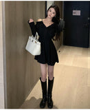 ElveswalleT Gothic Black Dress Women Casual Button Lace Evening Party Sexy Mini Dress Female Long Sleeve One-piece Dress Korean Autumn