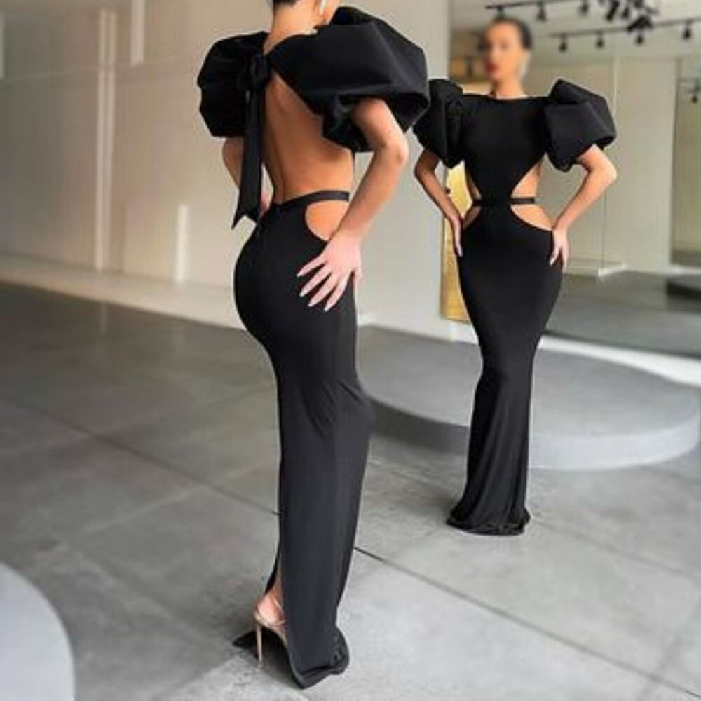 Summer Women's Dress Fashion Cut Out Backless Evening Sexy Night Club Party Black Puff Sleeve Celebrity Long Formal Dress