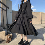 ElveswalleT Gothic Style Dress Women Harajuku Gothic Lolita Kawaii Dress Punk Cute Long Sleeve Black Midi Dress Emo Mall Goth