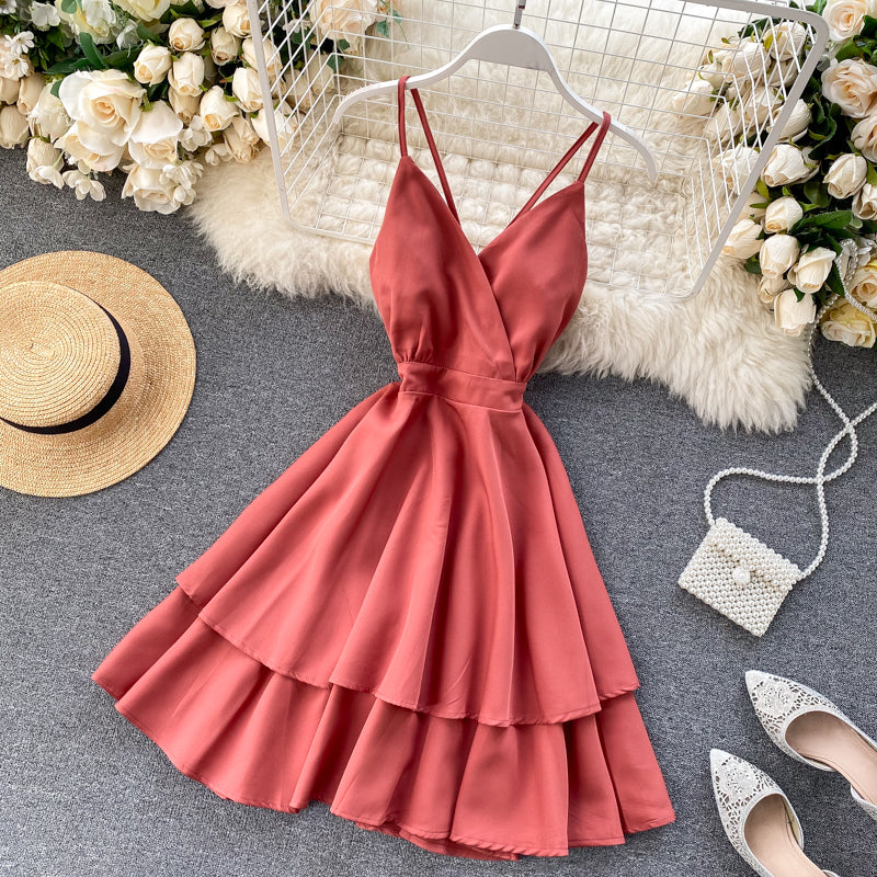 ElveswalleT Summer Spring Beach Holiday V-Neck Backless Lace Up Ruffles Cakes Solid Elegant Women Lady A-line High Waist Dress