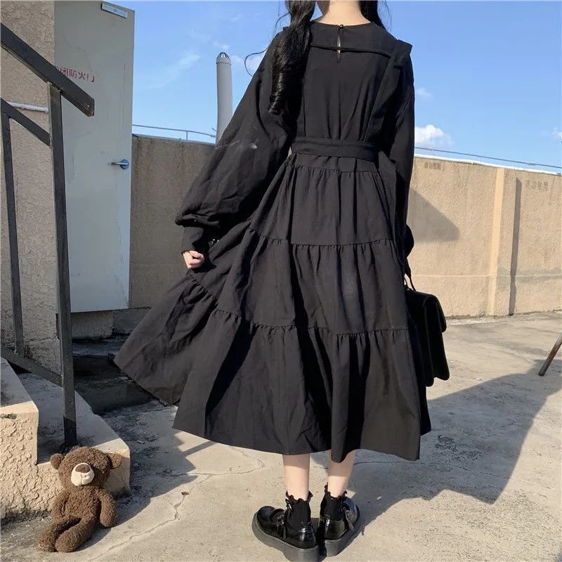 ElveswalleT Gothic Style Dress Women Harajuku Gothic Lolita Kawaii Dress Punk Cute Long Sleeve Black Midi Dress Emo Mall Goth