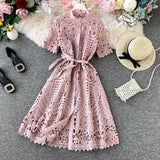 ElveswalleT Women Elegant Hollow Out Lace Dress Office Lady Summer Solid O-Neck Button up Sashes Midi Dress Female Chic Short Sleeve Dress