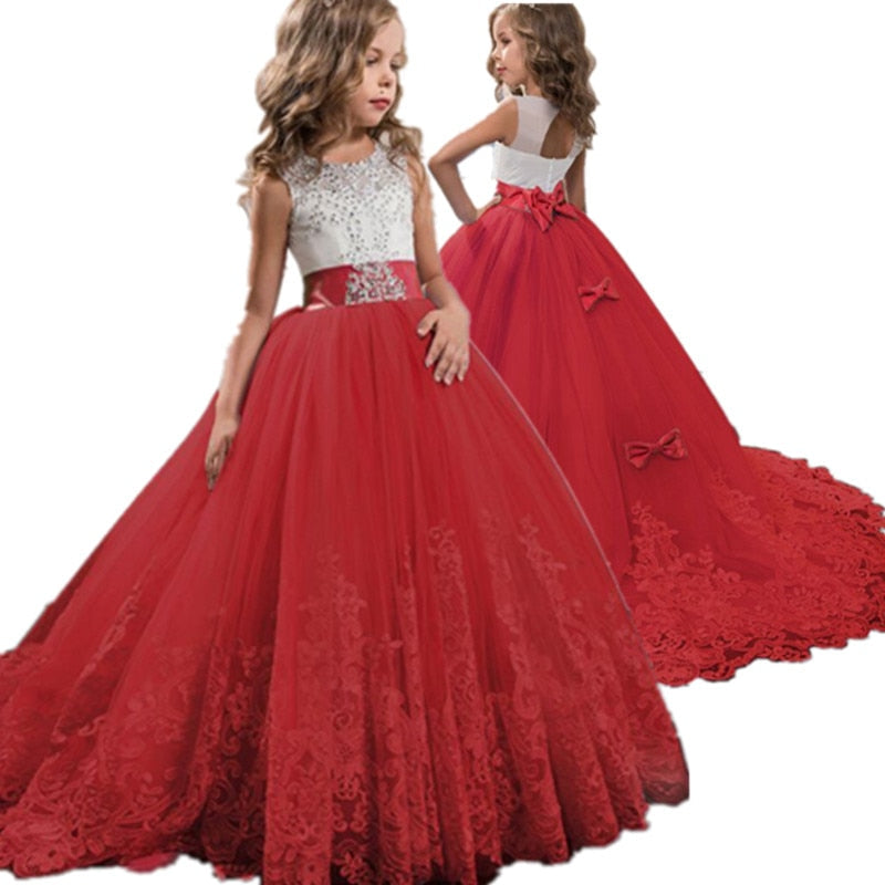 ElveswalleT Red Girl Lace Embroidery Christmas Birthday Party Dress Flower Wedding Gown Formal Kids Dresses For Girls Teen Clothes 6 14 Yrs