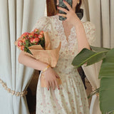 ElveswalleT Vintage Floral Dress Women Elegant Lace Chiffon Korean Party Dress Puff Sleeve V Neck Midi Dress Fall Dresses for Women