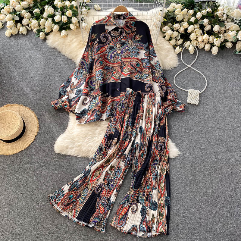 ElveswalleT   Women's Dress Spring Retro Print Casual Set Design Batwing Sleeve Single Breasted Blouse+High Waist Long Pants Two Piece Suits