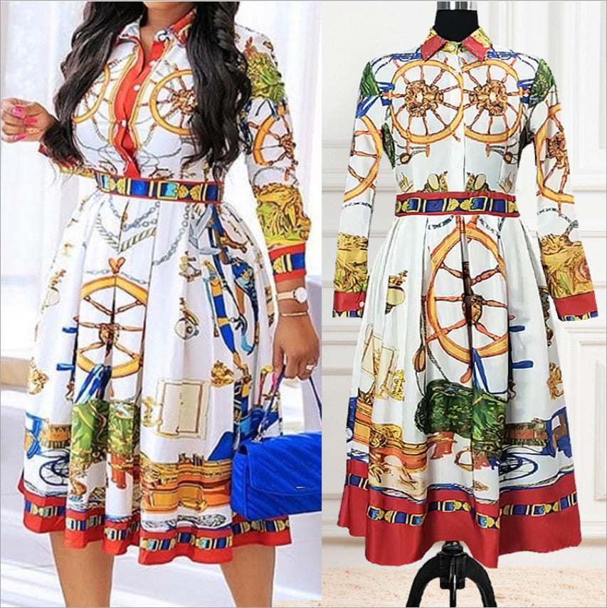 ElveswalleT Loose Casual Dress Printed Long Sleeve Dress Fashion Dresses for Women England Pleated Squsre Collar Dress