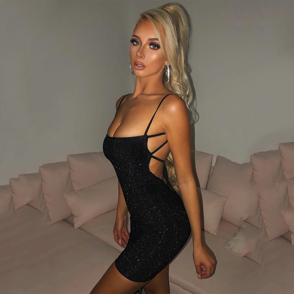 ElveswalleT Bling Glitter Sequin Women Strap Mini Dress Ruched Lace Up Backless Bodycon Sexy Party Club Autumn Winter Elegant