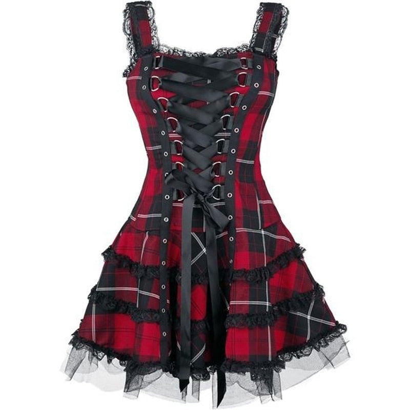 ElveswalleT Dress Women Classic Frill Lace Dresses Sleeveless Plaid Vintage Gothic Mini Dresses Ball Gowns Cosplay Costume Plus Size Dress