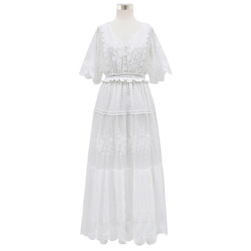 ElveswalleT Hollow Out White Dress Sexy Women Long Lace Dress Cross Semi-Sheer Plunge V-Neck Short Sleeve Lace Maxi Dress