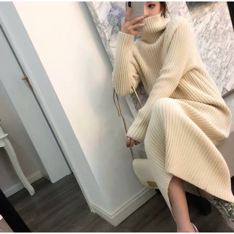 ElveswalleT Turtleneck knitted sweater dress ladies fall winter elastic cashmere bottoming shirt midlength over the knee thick sweater dress