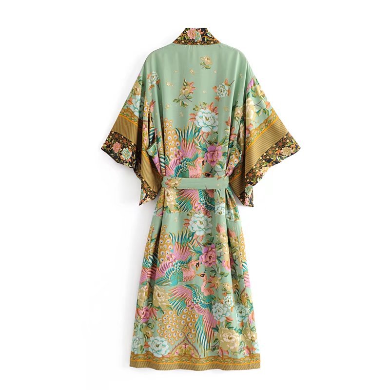 ElveswalleT women peacock floral print bat sleeve beach Bohemian Kimono robe Ladies V neck Tassel Summer happie dress vestidos