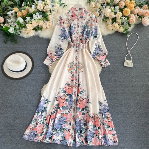 New Autumn Floral Print Dresses Women Turn Down Collar with Belt Single Breasted High Waist A Line Slim Dress