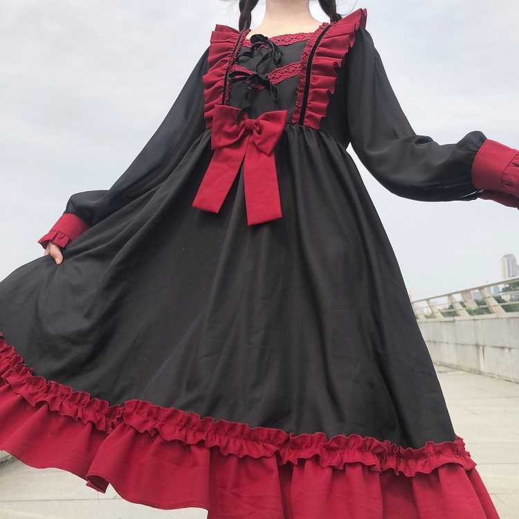 ElveswalleT Japanese Harajuku Gothic Bandage Bow Splice Dress Sweet Lolita Girl Cosplay Dress Kawaii Ruffles Bow Women Party Dress