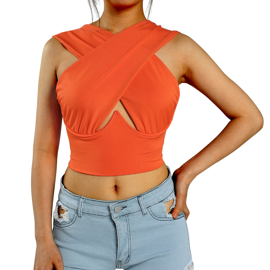 ElveswalleT Women's Criss Cross Tank Tops Sexy Sleeveless Solid Color Cutout Front Crop Tops Party Club Streetwear Summer Lady Bustier Tops