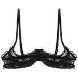 ElveswalleT Women See Through Sheer Lace Hollow Out Lingerie Adjustable Spaghetti Shoulder Straps Open Cups Bra Push Up Underwire Bra Tops