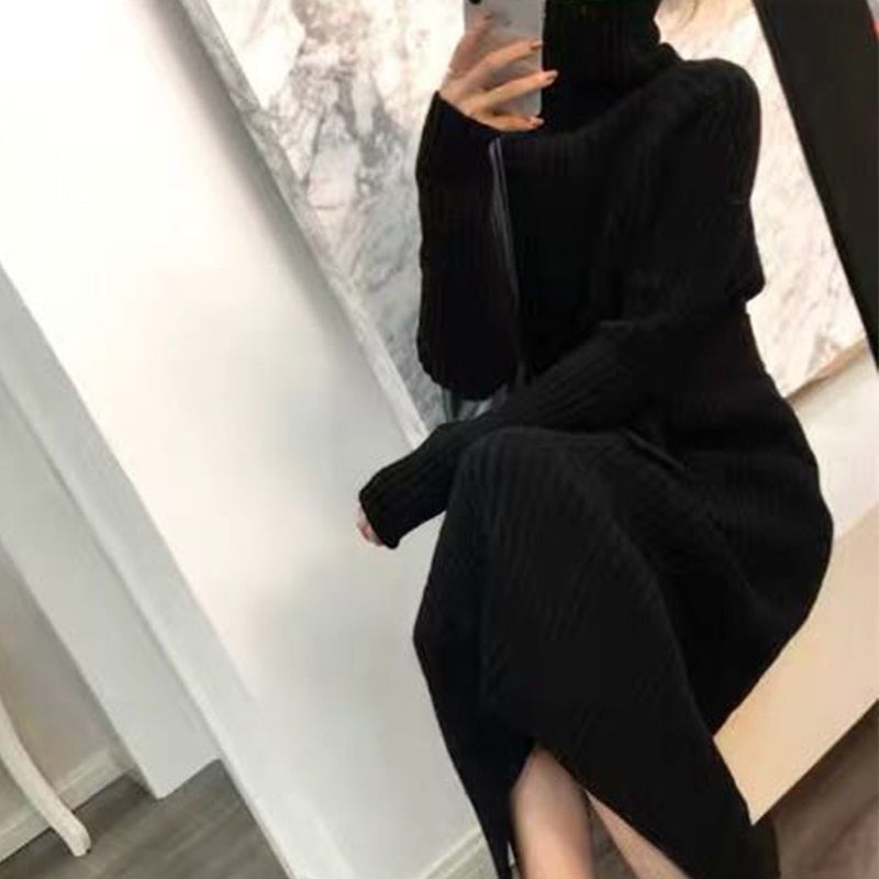 ElveswalleT Turtleneck knitted sweater dress ladies fall winter elastic cashmere bottoming shirt midlength over the knee thick sweater dress