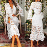 ElveswalleT Fashionable Autumn Women Dress Sexy Lace Long-sleeved V-neck Large-length Ladies Chic Vestidos Wedding Party Bridal Dress