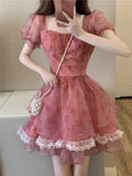 Pink Floral Short Party Dress Sexy Lace Puff Fairy Kawaii Clothing Mini Dress Fashion Birthday Lolita Dress Women Summer