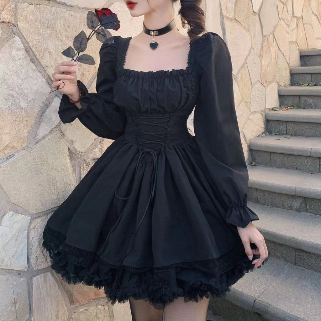 ElveswalleT Womens New Trends White Lolita Dress Kawaii Vinatge Long Sleeve Mini Dresses Black Gothic Bandage Lace Patchwork Streetwear Square Collar