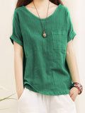 Green Loose Cotton Linen Blouse Oversize 5XL Blouses Women   Summer Shirts Casual Short Sleeve O Neck Solid Shirt Lady Tops
