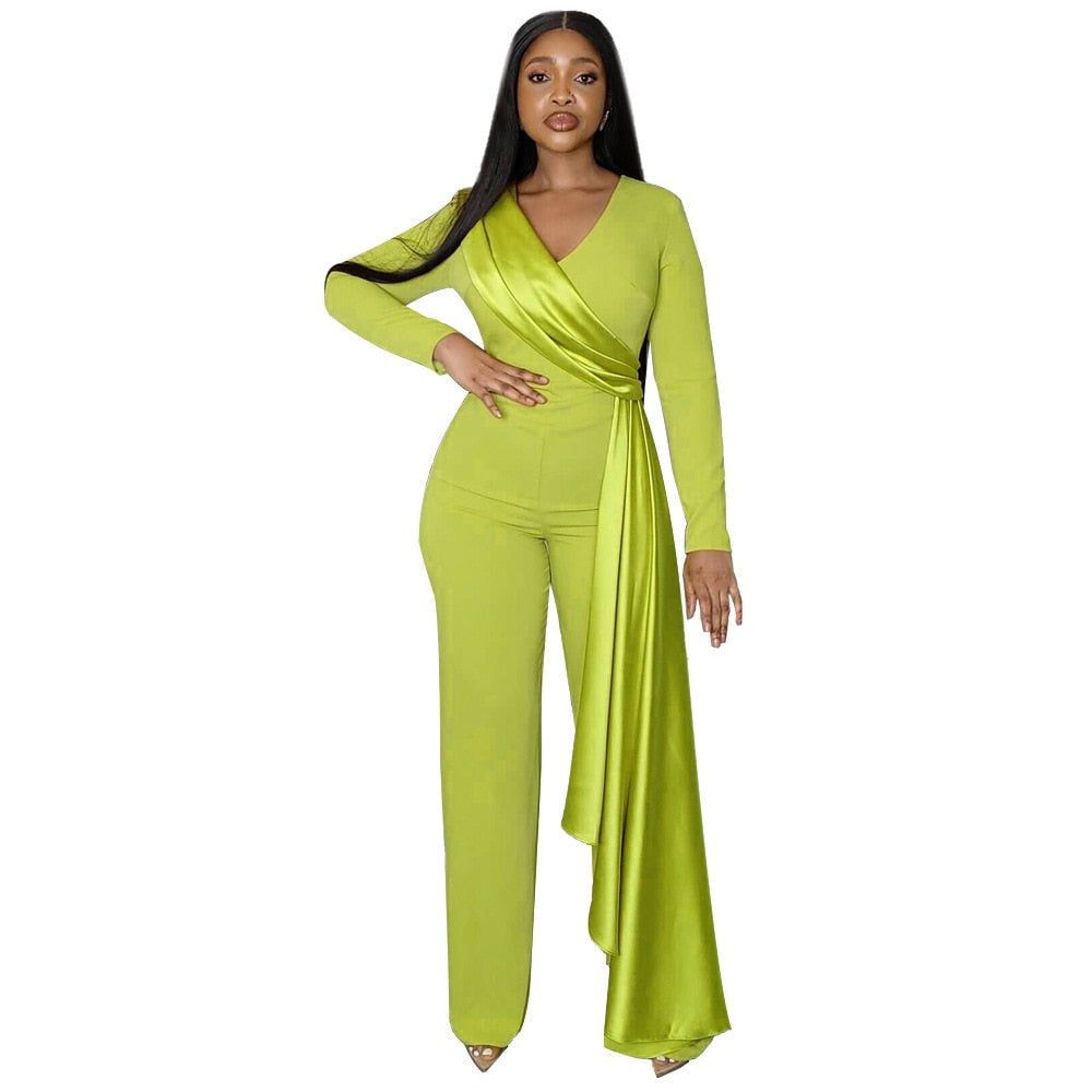 Jumpsuits for Women Dressy Ribbon Long Sleeve V Neck Wide Leg One Piece Overalls Elegant Party Club Wedding Guest Outfits