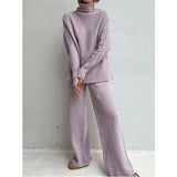 Autumn Winter 2 Pieces Women Sets Knitted Tracksuit Turtleneck Sweater and Wide Leg Jogging Pants Pullover Suit New