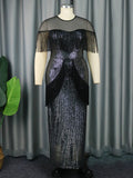 Elegant Dress for Women Luxury Long Black Sequin Tassel Dresses Fringe Prom   Wedding Guest Formal Occasion Big Size 3XL 4XL