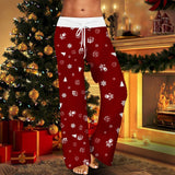 Womens Christmas Pants Cartoon Santa Claus Print Pants Wide Leg Pants Pull Rope Elastic Drawstrings Sweatpants Straight Trousers