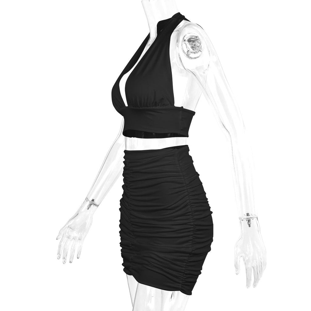 2 PCS Sexy Ruffle Mini Dress Set Black Deep V Top Summer Skirts Suits Bodycon Women Party Tight Short Dress Suit