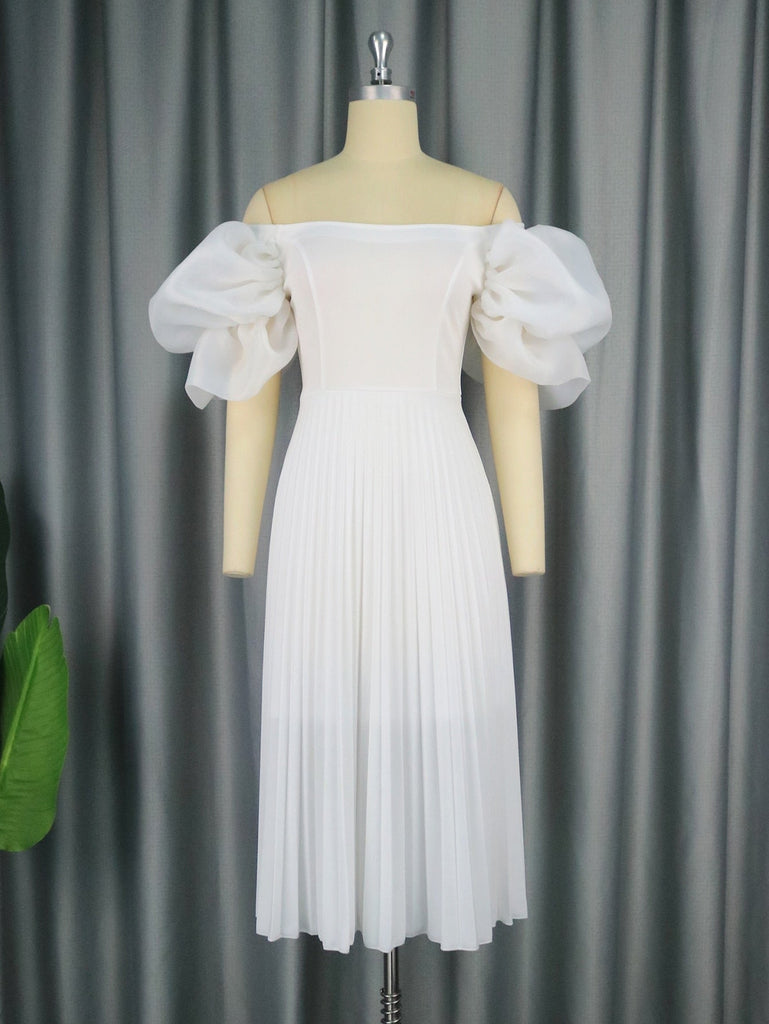 Women Elegant White Pleated Dresses Midi Off Shoulder Puff Sleeve A Line Cocktail Party Swing Dress Prom Summer   Big Size