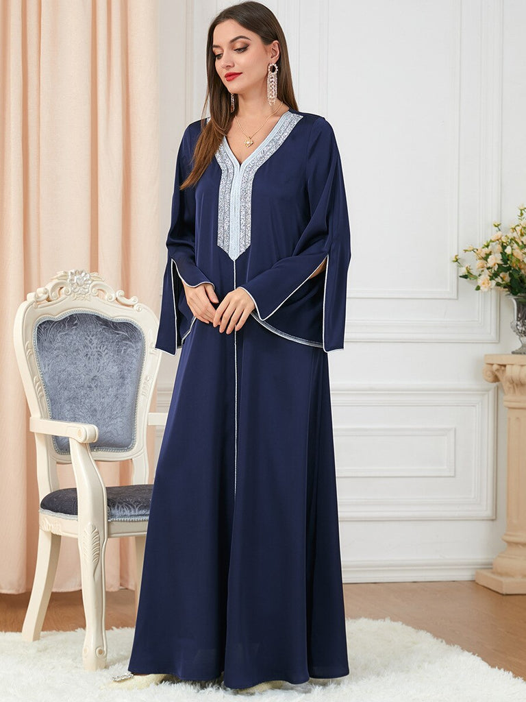 Morocco Party Dress Muslim Women Abaya Prayer Caftan V Neck Diamond Maxi Dresses Robe India Abayas Dubai Longue Vestidos Largos
