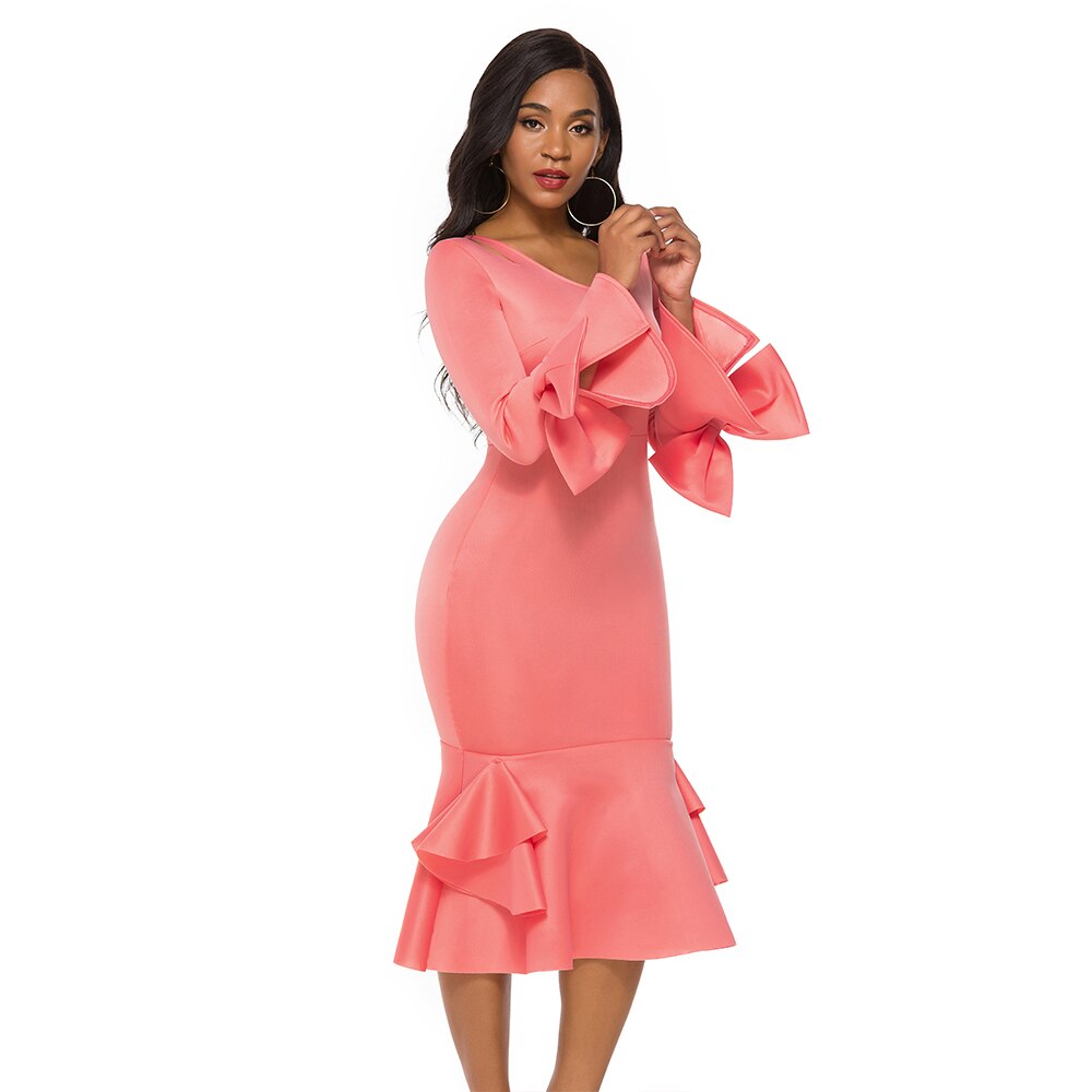 Women Bodycon Party Dress Long Flare Sleeves Cold Shoulder Ruffles Bowtie Elegant Slim Evening Birthday Event Robes Female 4XL