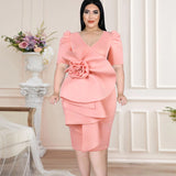 Pink Plus Size Dresses Women V Neck Short Puff Sleeve Big Flower Knee Length Outfits for Ladies Evening Birthday Party Gowns 4XL