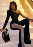 Patchwork Diamond Fishnet Bodycon Women Jumpsuit Black One Shoulder Long Sleeve Jumpsuit Lady Sexy Evening Party Clothes