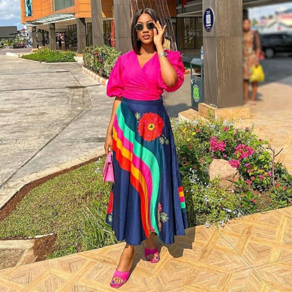 Summer Dresses for Women 2 Piece Outfits Pink Puff Sleeve Wrapped Tops and Midi Printed Swing Skirt Casual Festival Clothing