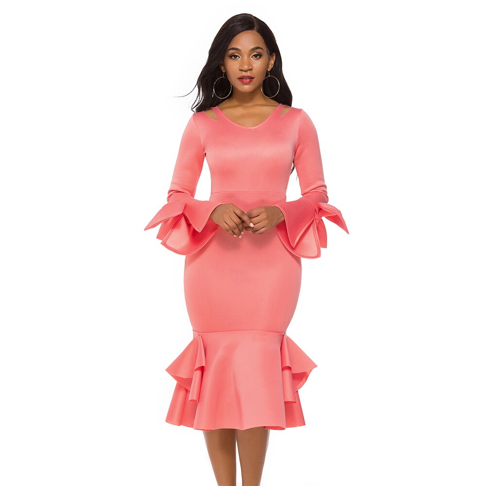 Women Bodycon Party Dress Long Flare Sleeves Cold Shoulder Ruffles Bowtie Elegant Slim Evening Birthday Event Robes Female 4XL