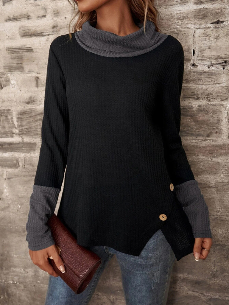 Female Waffle Check Double-layer Loose Autumn Winter Long Sleeve T-Shirts Vintage Medium Length Two Color Splicing Button Tops