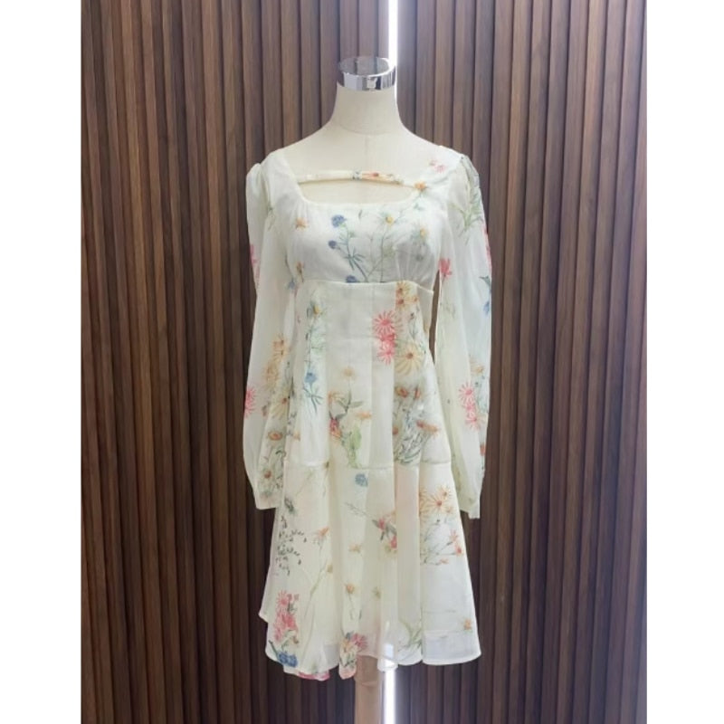 French Elegant Floral Midi Dress Chiffon Long Sleeve Evening Party Dress Woman Beach Fairy One Piece Dress Korean   Summer