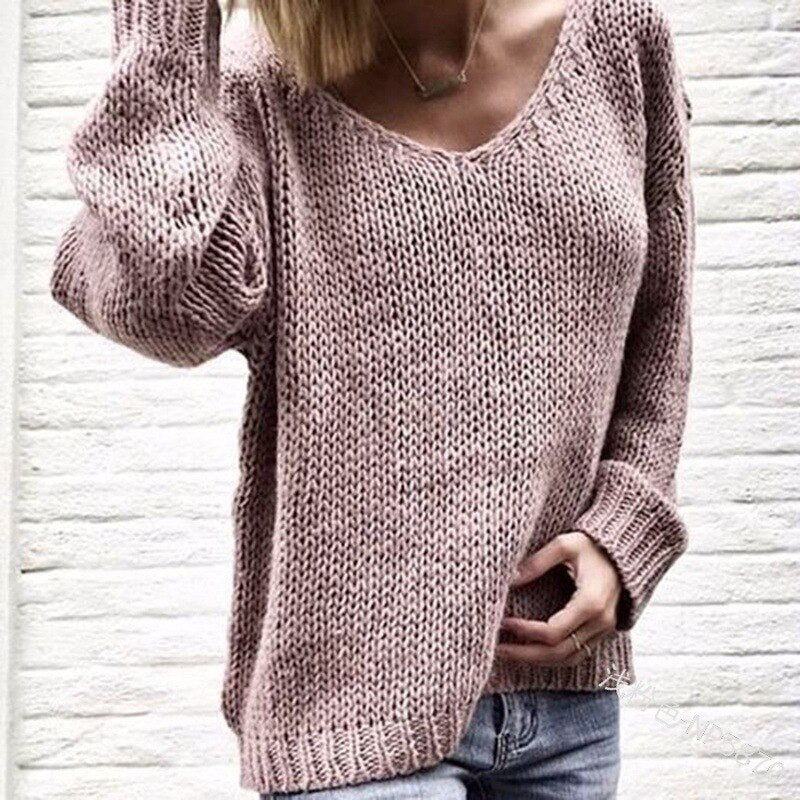 Casual Women Loose Solid Color Knitted Sweater V Neck Long Sleeve Top Women Clothing Pull Femme