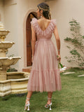 ElveswalleT   Fashion Trends V-neck mesh polka dot summer tulle party dress women Backless pink ruffle sleeveless dresses Elegant sash maxi vestido