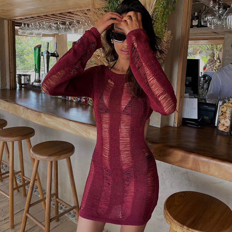 ElveswalleT Fashion Trends Round Collar See Through Dress Women Sexy Long Sleeve Elegant Beachwear Hollow Out Backless Knitted Female Dress Summer