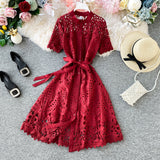 ElveswalleT Women Elegant Hollow Out Lace Dress Office Lady Summer Solid O-Neck Button up Sashes Midi Dress Female Chic Short Sleeve Dress
